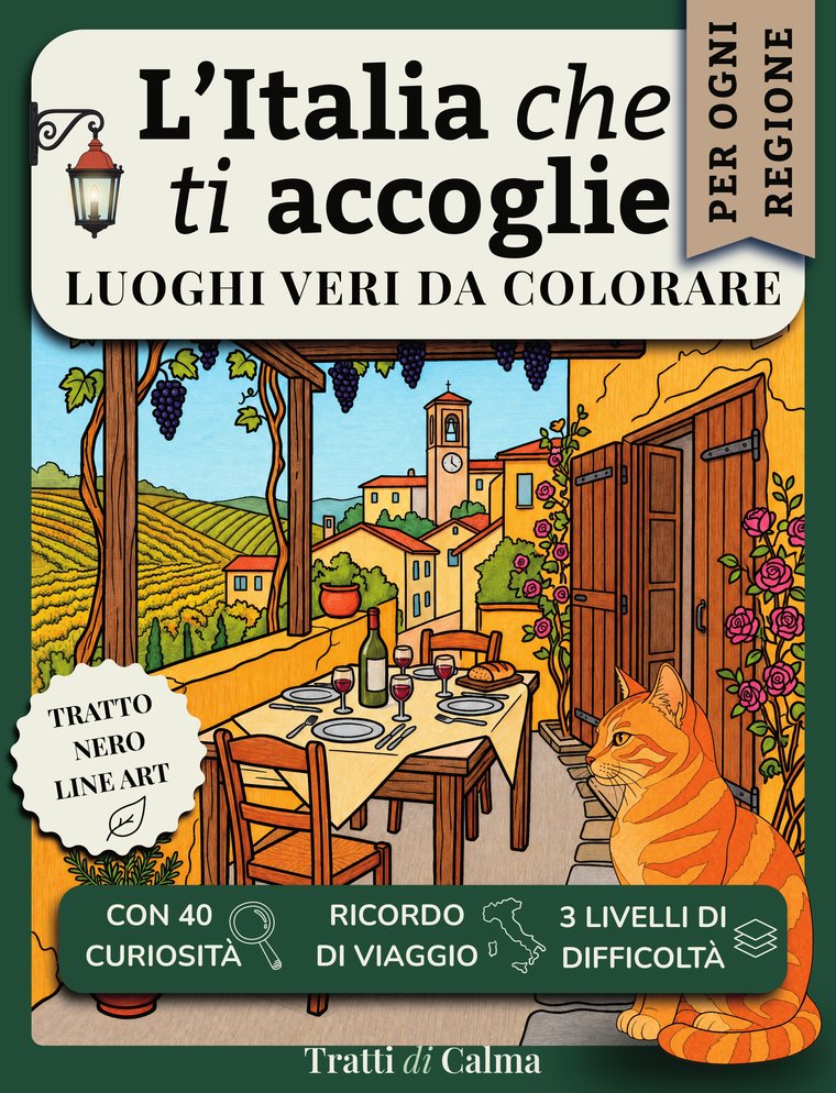 Copertina di «L’Italia che ti accoglie», libro da colorare di Tratti di Calma
